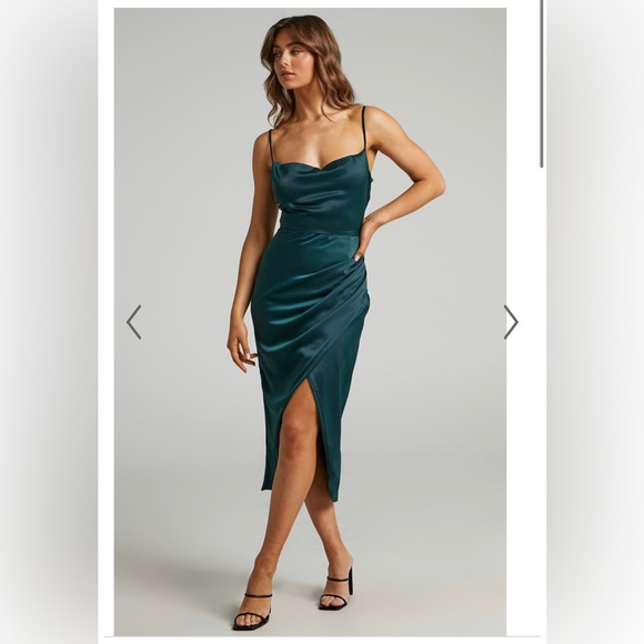 Showpo. Dresses & Skirts - NWT DAZZLING LIGHTS MIDI DRESS - COWL NECK DRAPED DRESS IN EMERALD SATIN